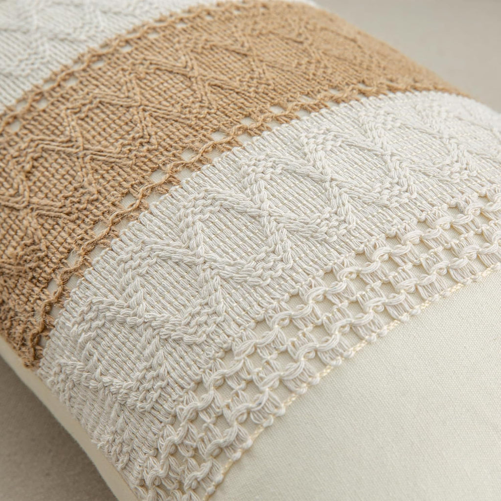 Lumbar Throw Pillow Covers 12 x 20 Inch 1PC for Farmhouse Living Room, Cotton & Burlap Textured Striped Woven Boho
