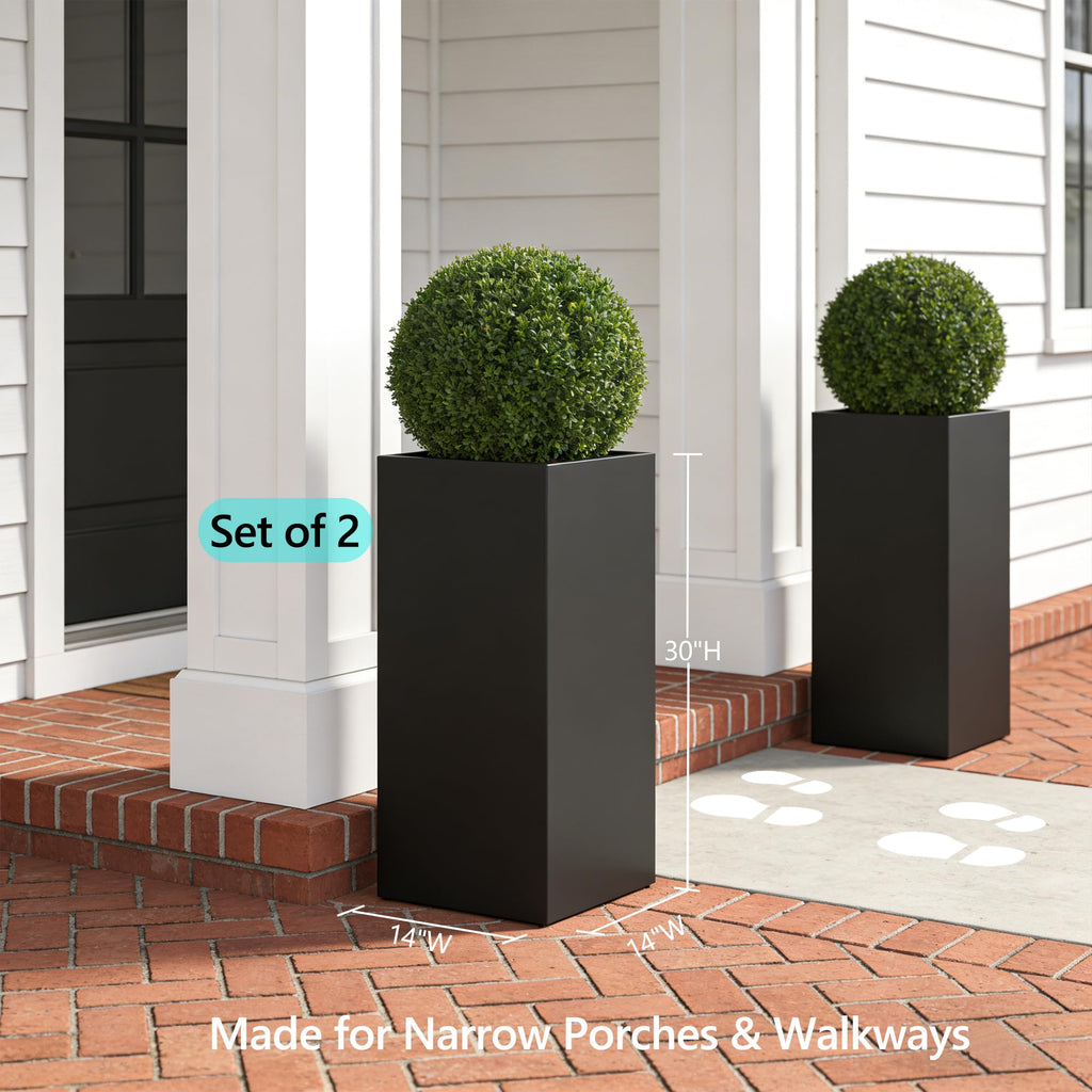 Set of 2 Tall Metal Planter Box for Outdoor Plants, 14" L x 14" W x 30" H