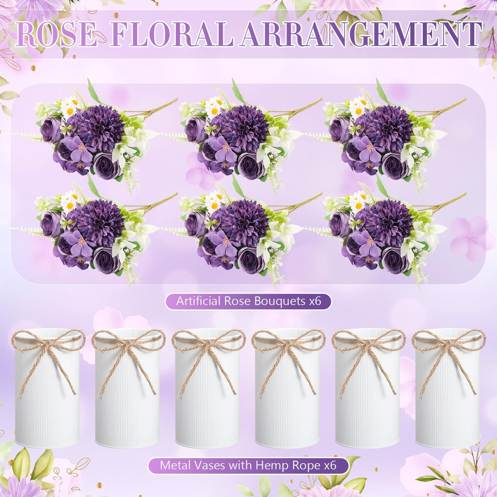 6 Sets Wedding Centerpiece for Table Decoration Dark Purple Artificial Fake Rose Flower with Metal Vase Faux Silk