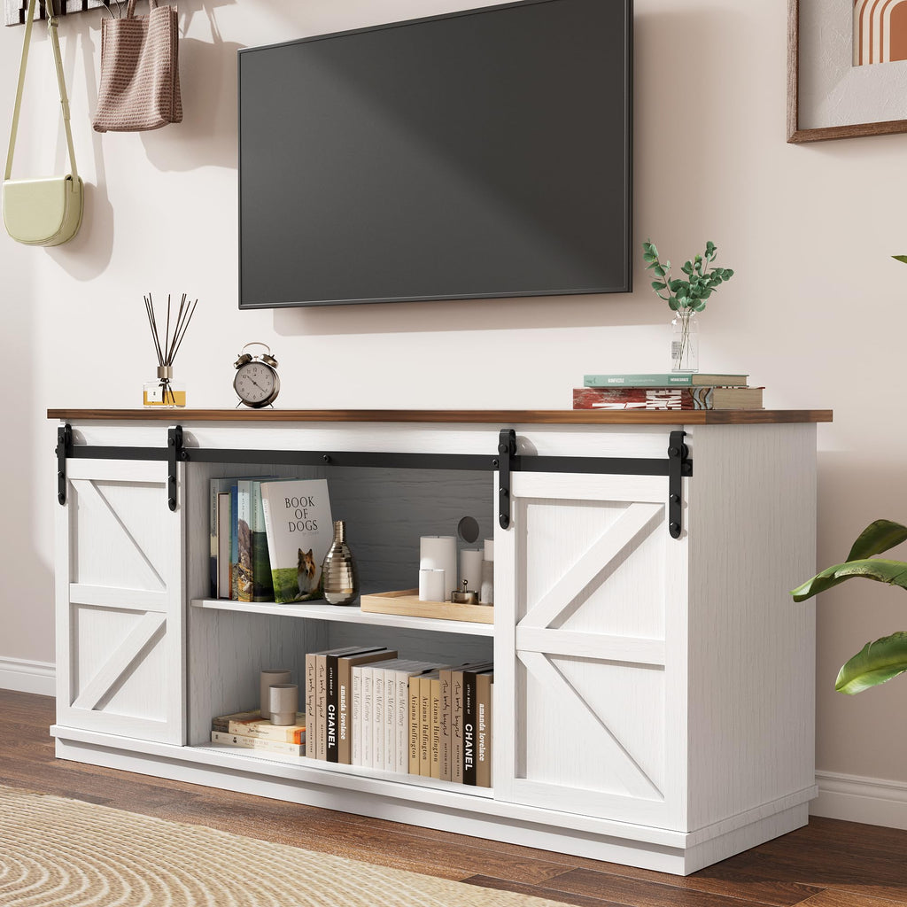 58" Farmhouse TV Stand for TVs up to 65", Sliding Barn Doors, White