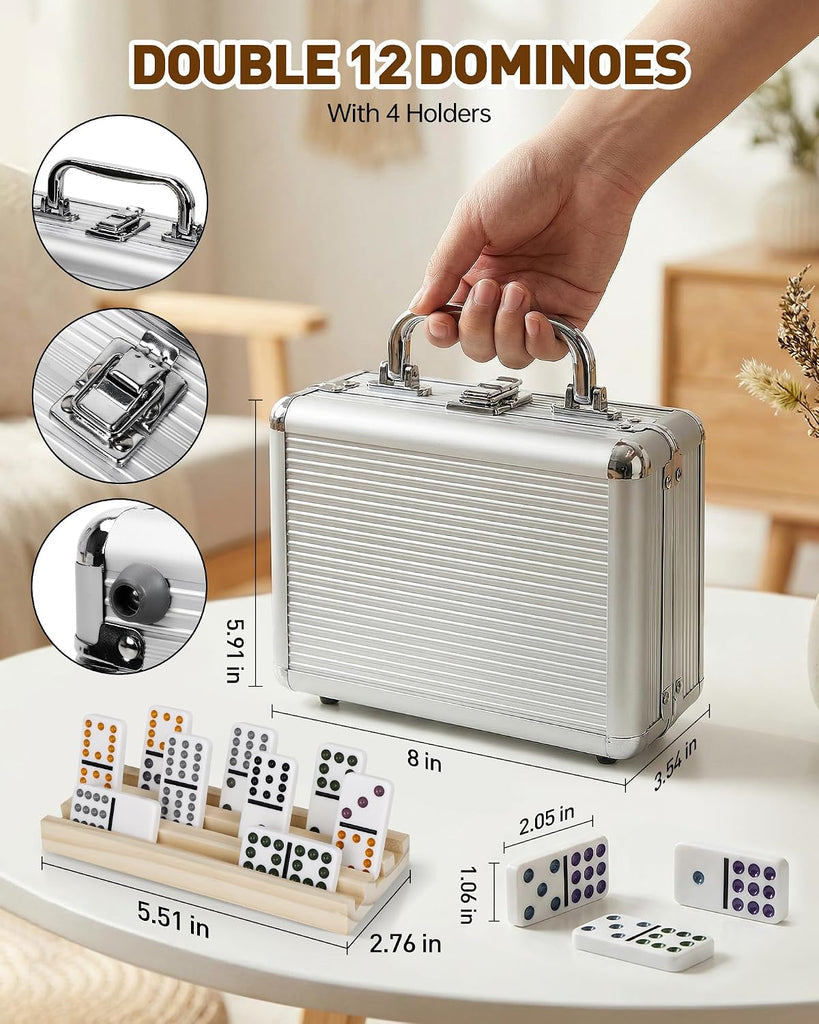 Mexican Train Dominoes Set Double 12-91 Colored Dot Tiles with 4 Wooden Racks, Heavy-Duty Aluminum Case, 9 Trains