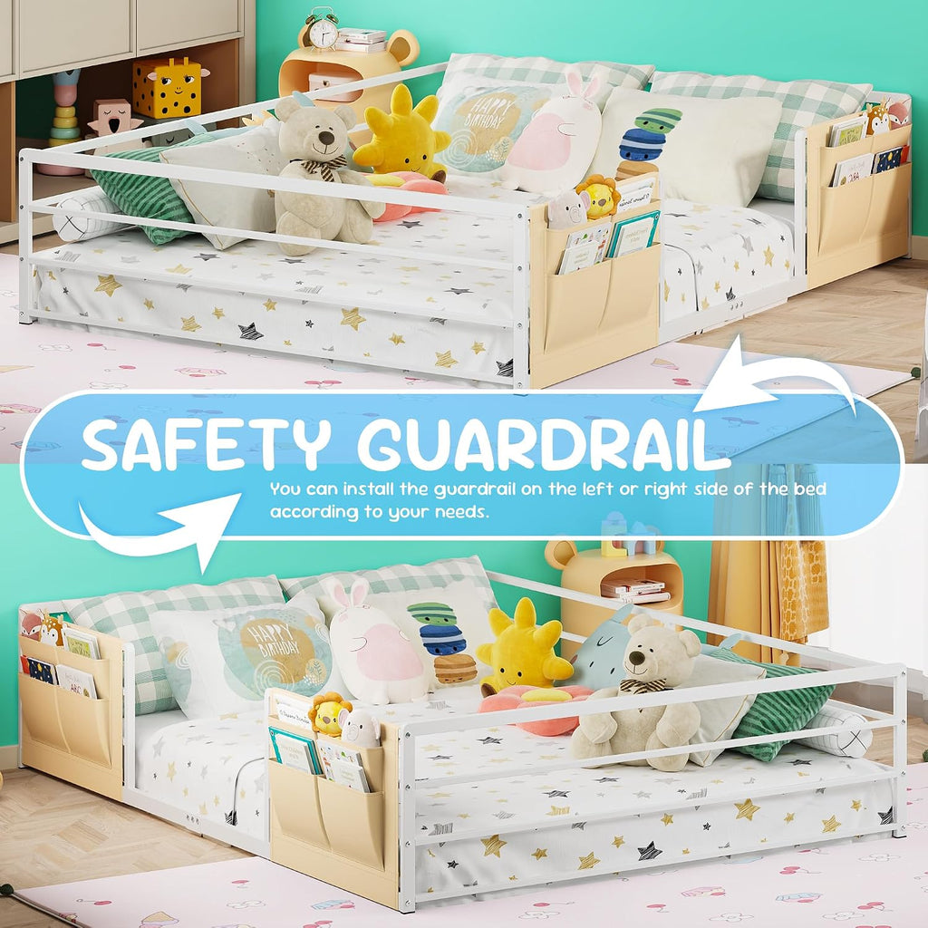 Floor Bed for Kids with Safety Guardrails and Bedside Caddy