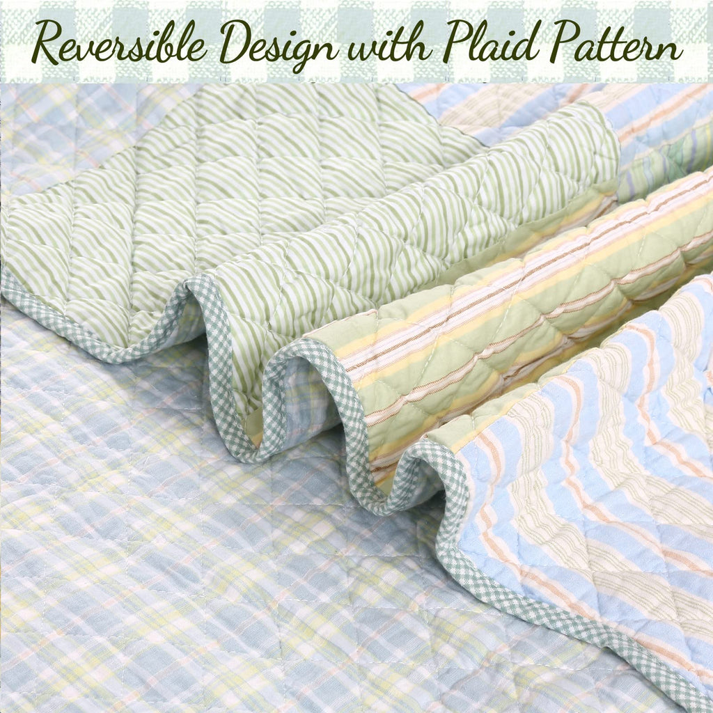 100% Cotton Reversible Quilt Bedding Set, Green Modern Plaid Striped Gingham All-Season Coverlet Bedspread (Juniper