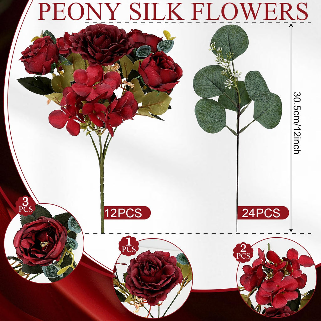 12 Bundles Burgundy Peonies Artificial Flowers for Centerpieces