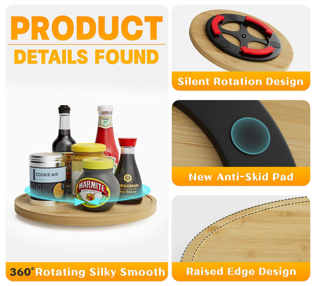 Lazy Susan Organizer 10 Inch Non-Skid Bamboo Lazy Susan Rotating Spice Rack Cabinet, Wood Turntable Countertop