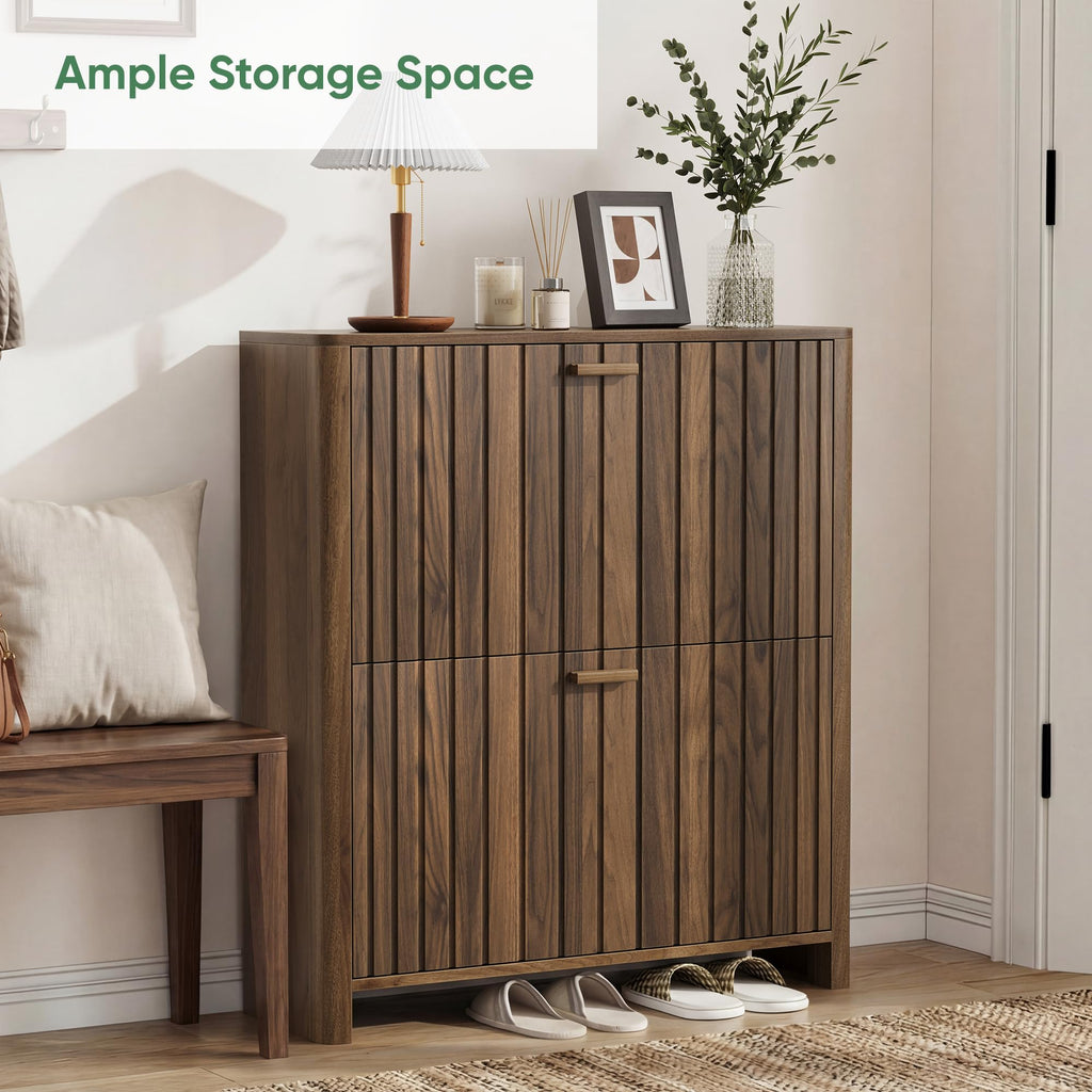 Shoe Storage, Walnut Gradient Fluted Hidden Cabinet with Metal Legs, Organizer with Flip Doors, Slim Entryway Storage