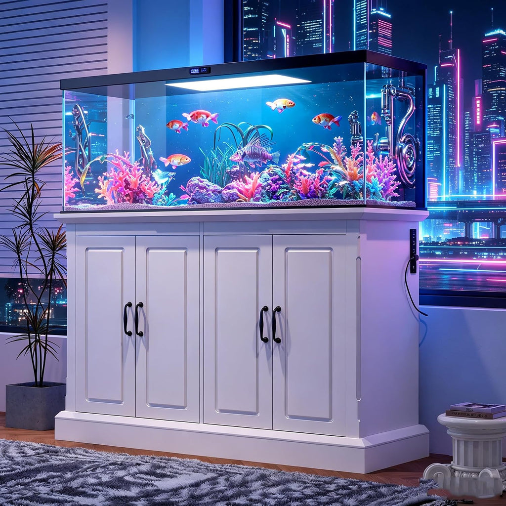 55-75 Gal Fish Tank Stand with Power Outlet and Storage Cabinets, White