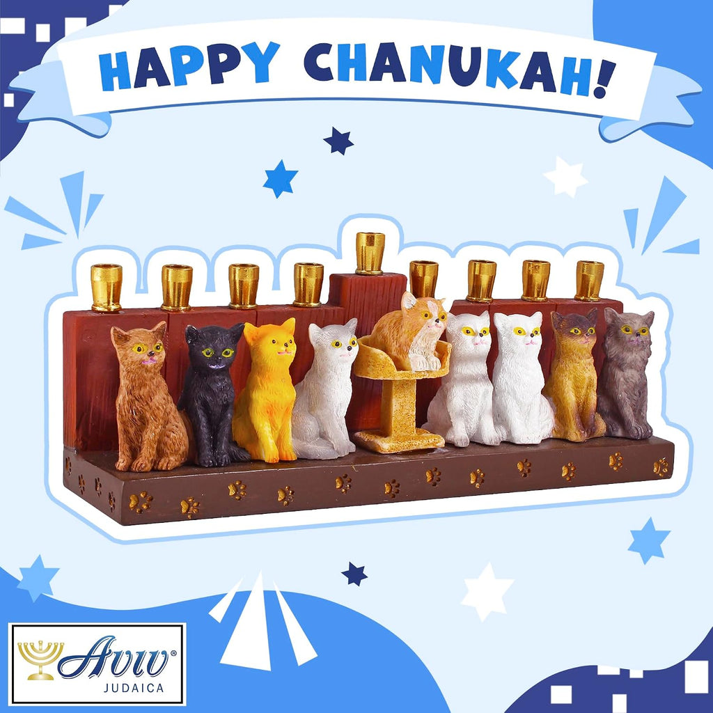 Hanukka Cat - 3D Sculptured Cats and Paw Prints on Menorahs Base Cats Themed Children Teens or Adults Collectible