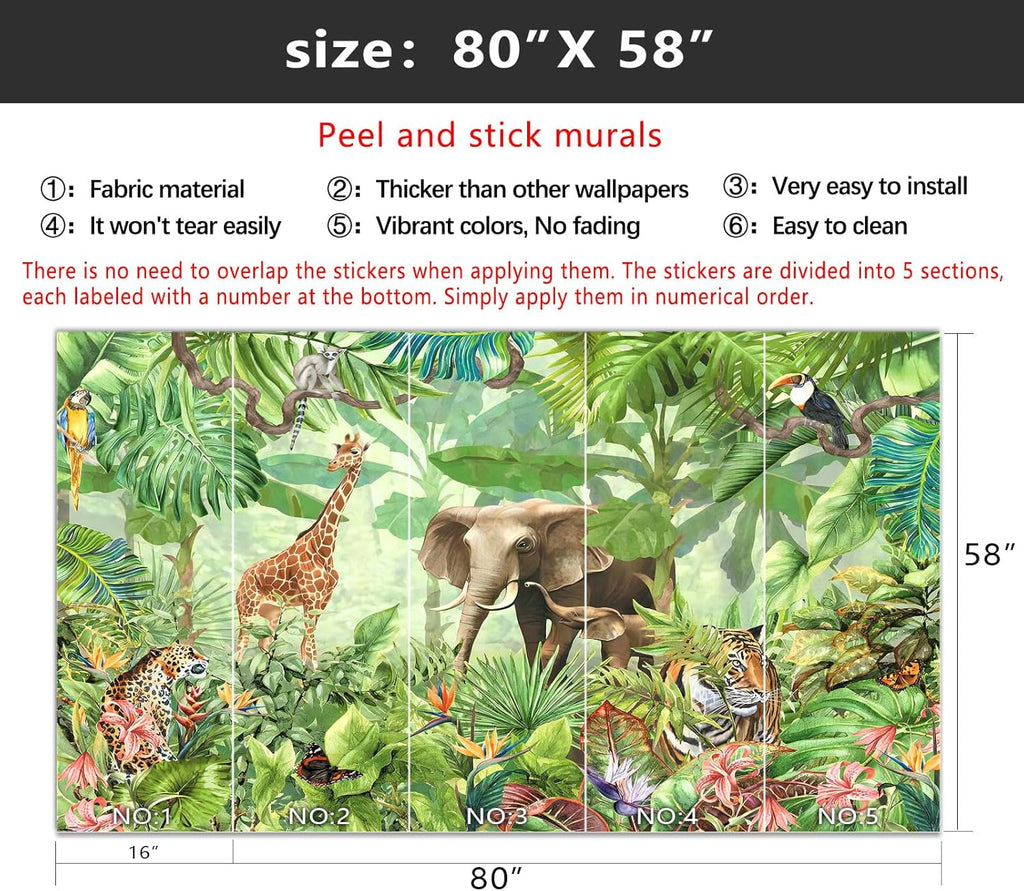 Peel and Stick Animal Wallpaper Tropical Rainforest Zoo Theme Mural | Tear-resistant,with a substantial feel;Will not