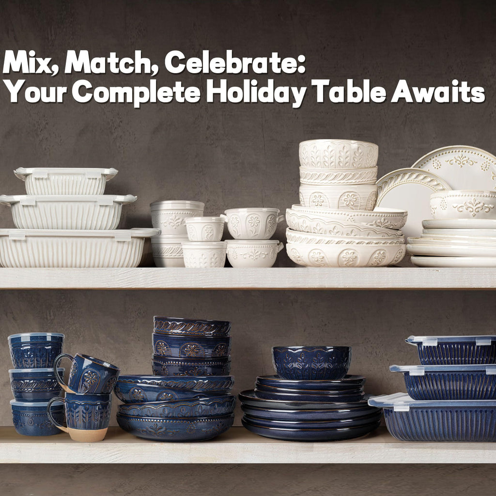 24-Piece Handcrafted Ceramic Dinnerware Set with Mugs, Service for 6 - Reactive Glaze Embossed Plates, Bowls & Mugs