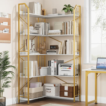 72" Corner Bookshelf, 5-Tier L-Shaped Tall Bookcase, White Gold