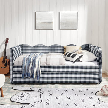 Full Size Gingham Daybed with Trundle and USB Ports | Upholstered Daybed Living Room Guest Room-Navy