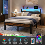 Full Platform Bed Frame with LED Lights, Charging Station, Grey Upholstered Headboard with 2-Tier Storage Shelves