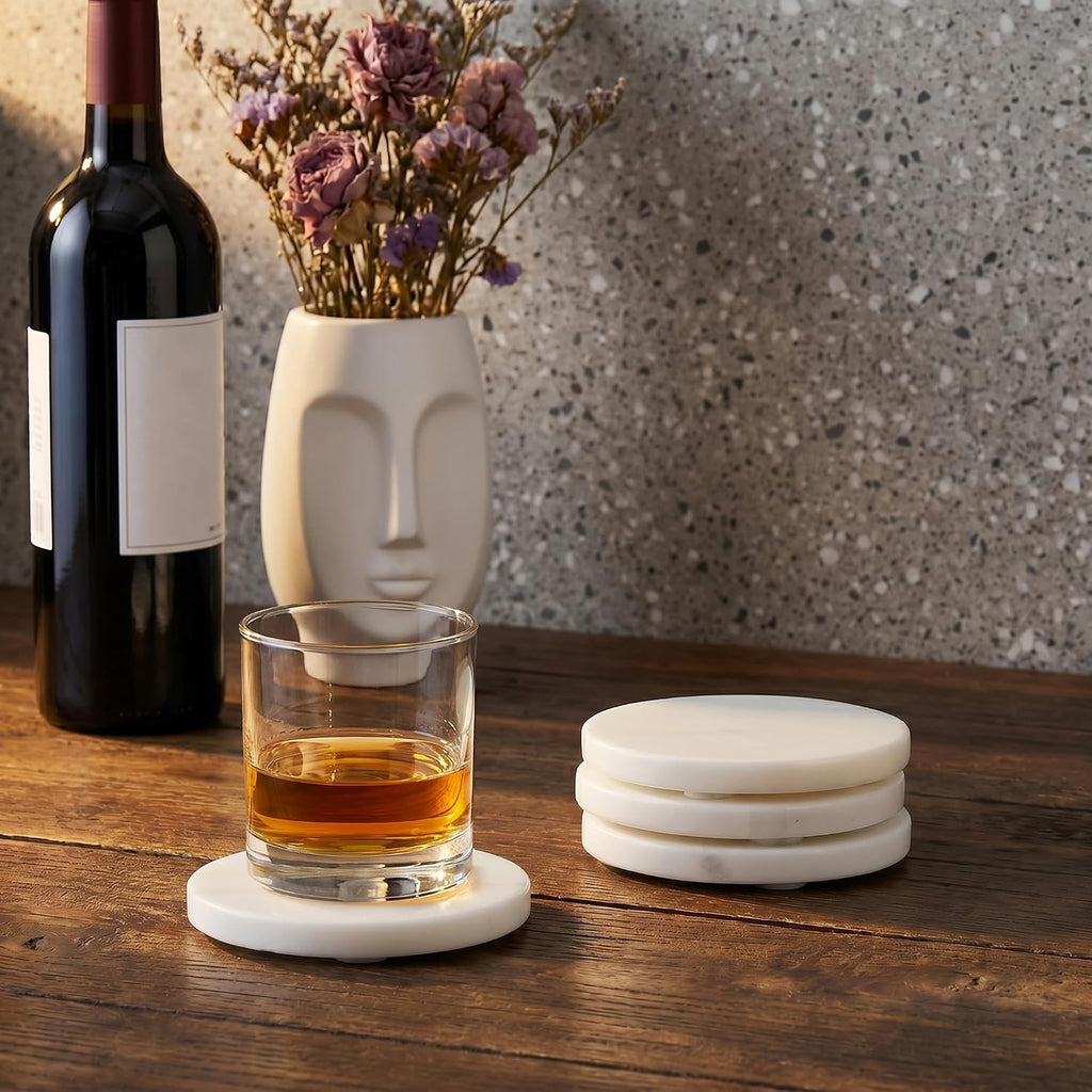 Marble Coasters, 4-inch Round Natural Stone Drink Coasters with Non-Slip Backing, Heat Resistant Coaster - Set of 4