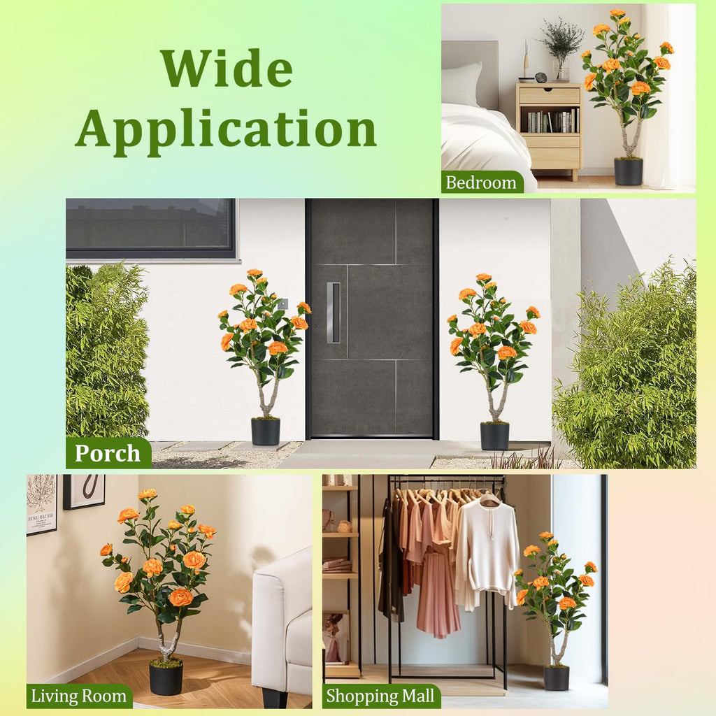 3FT Artificial Camellia Tree, 2 Pack Faux Camellia Plant with Orange Flowers, Solid Wood Trunk, Realistic Moss