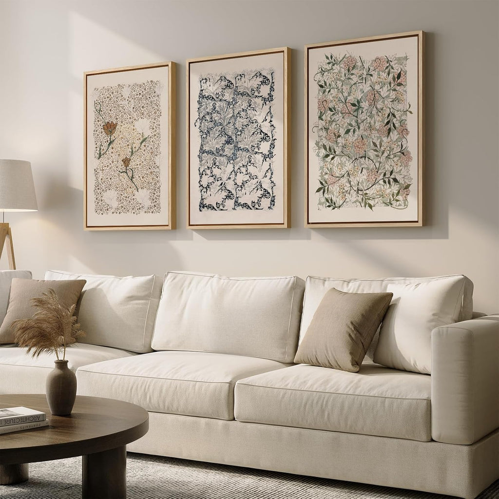 Framed Large William Morris Canvas Wall Art Set of 3, Vintage Nature Floral Artwork Prints, Boho Neutral Botanical