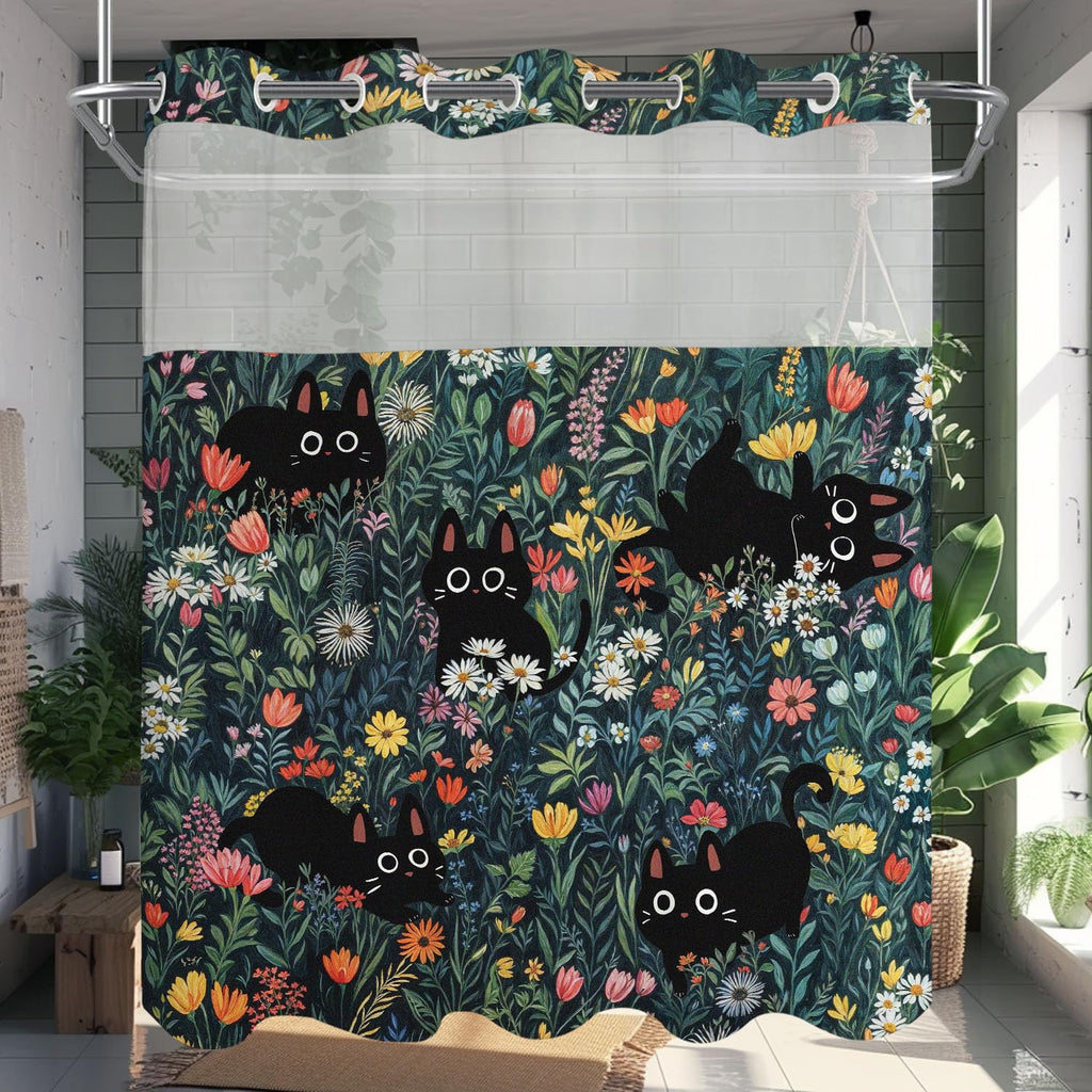 No Hook Shower Curtain with Snap in Liner Funny Black Cats Boho Floral Daisy Flower Shower Curtains Fun Kitten Animal