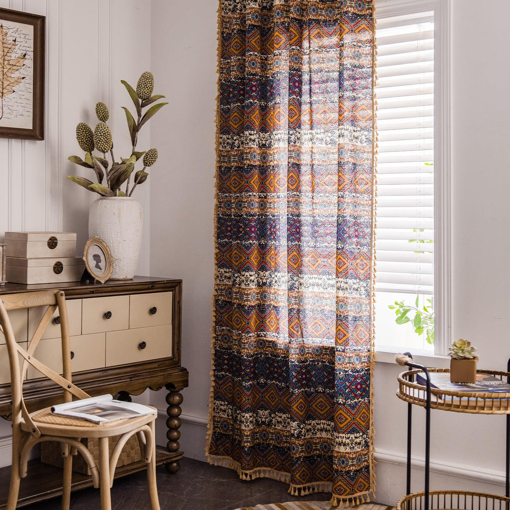 Boho Geometric Linen Textured Tassel Curtain, 59 x 63, 1 Panel