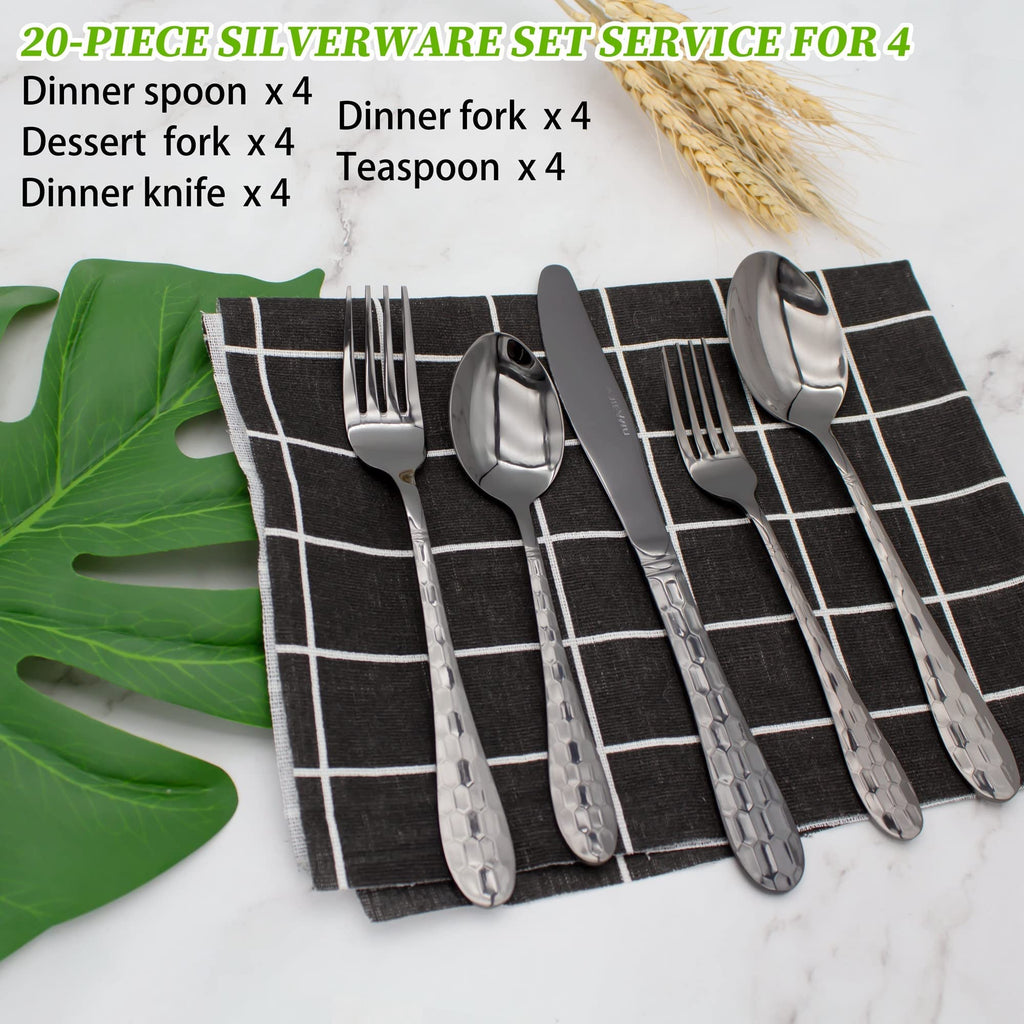 Hammered Silverware Set for 4, 20-Piece Black Flatware, 18/10 Stainless Steel Include Knife/Fork/Spoon, Tableware