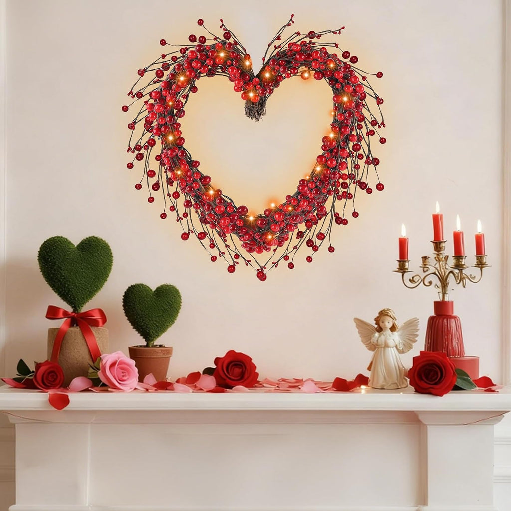Valentine's Day Wreath, 15" LED Lighted Red Berry Heart Shaped Valentines Wreaths for Front Door, Battery Operated