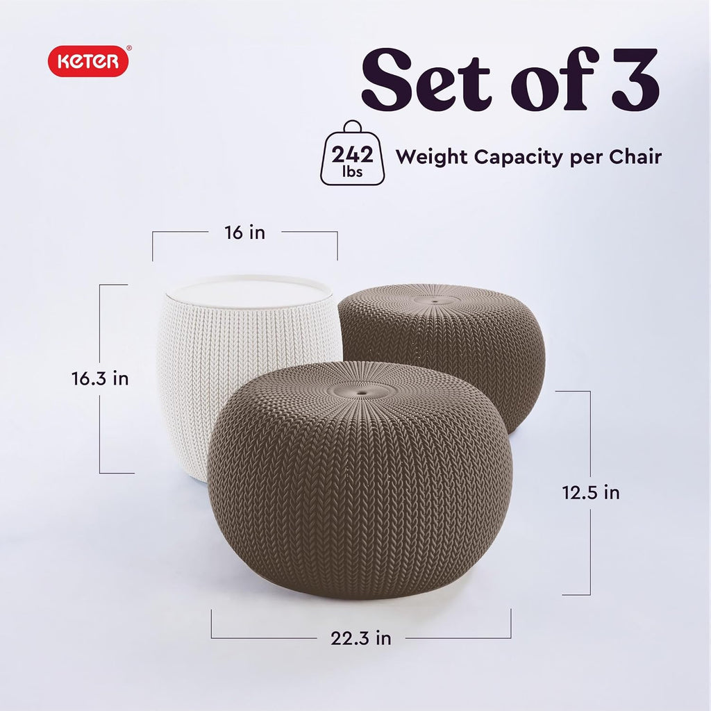 Urban Knit Pouf Ottoman Set of 2 with Storage Table and Room Décor-Perfect for Balcony, Deck, and Outdoor Seating