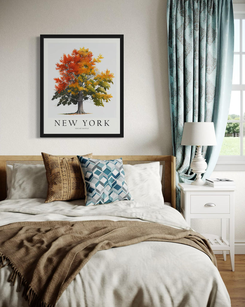 York Sugar Maple Tree Black Framed Poster Wall Painting, US State Print Artwork, Vintage Bathroom Living Room