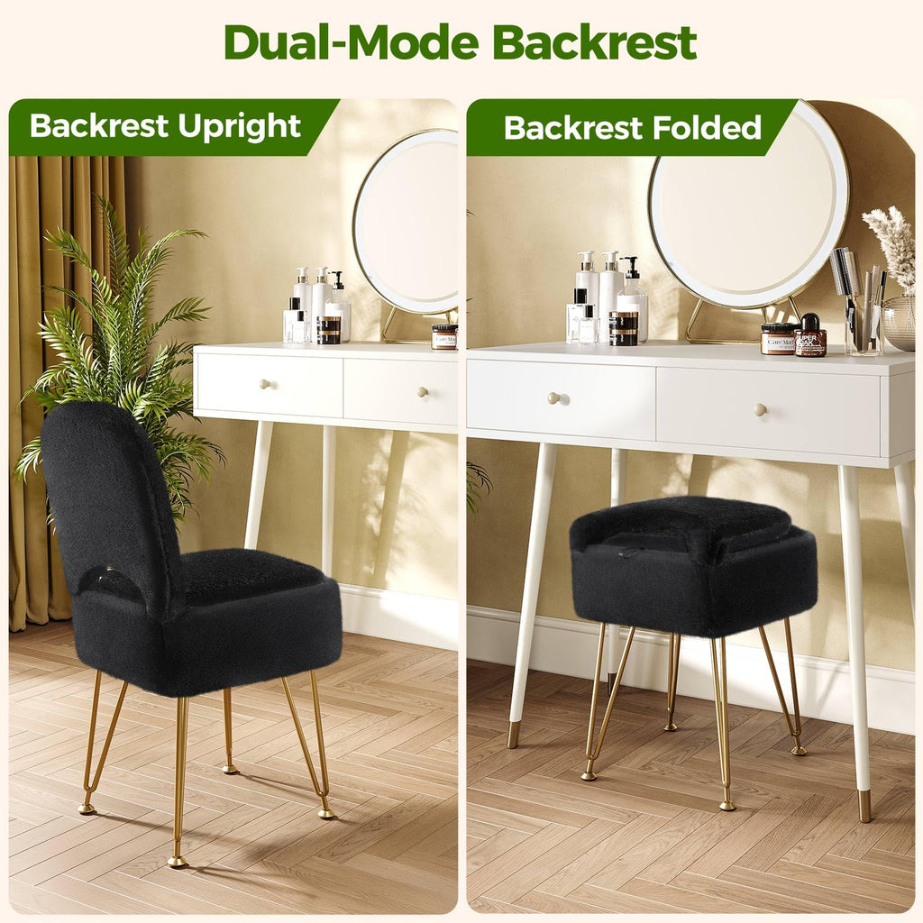 Vanity Stool Chair with Storage and Folding Back, 13.4" x 15" x 30" Square Faux Fur Soft Ottoman, 4 Metal Legs with