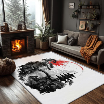 Japanese Landscape Red Sun Area Rug - 2x3 ft - Modern Abstract Flat Woven Flannel Rug - Non Slip, Fade Resistant