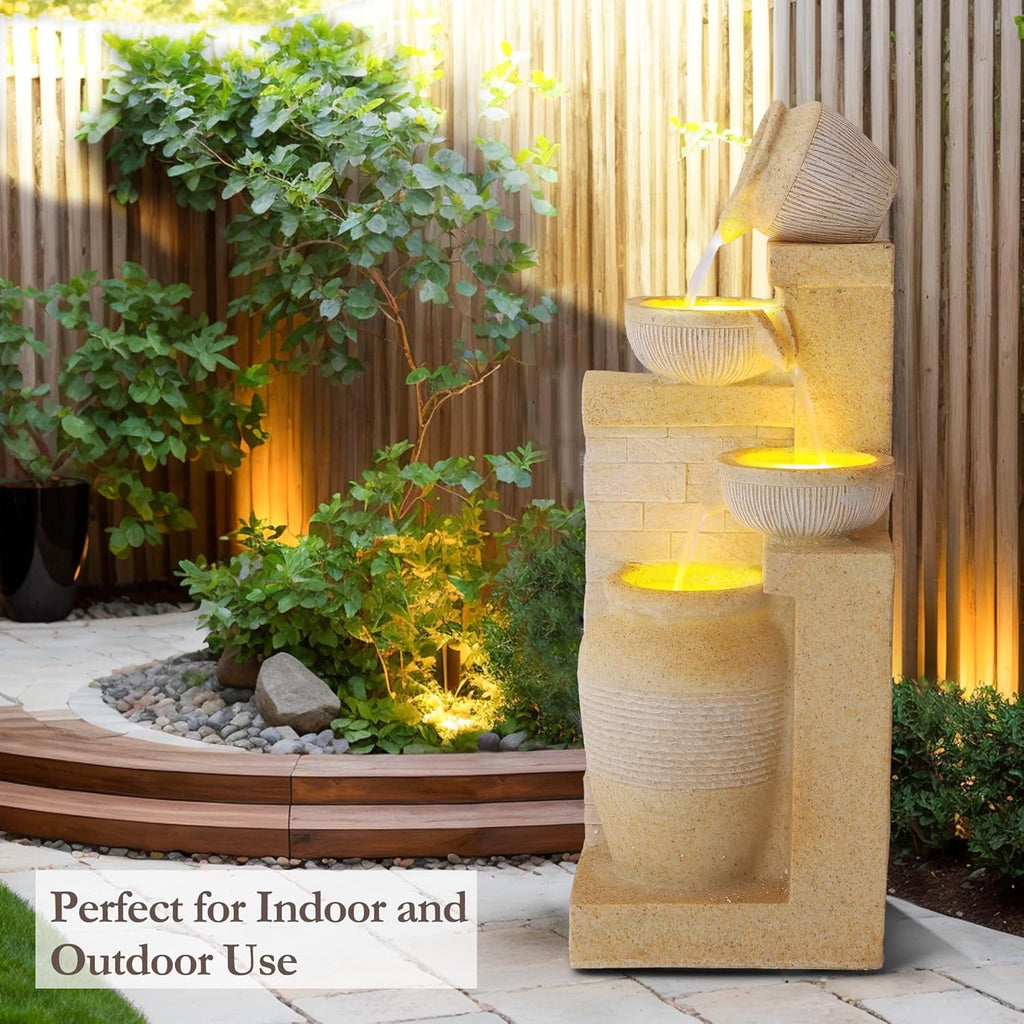Outdoor Water Fountain, 4 Tiered Waterfall Fountains with LED Lights, Garden Bowl Waterfalls