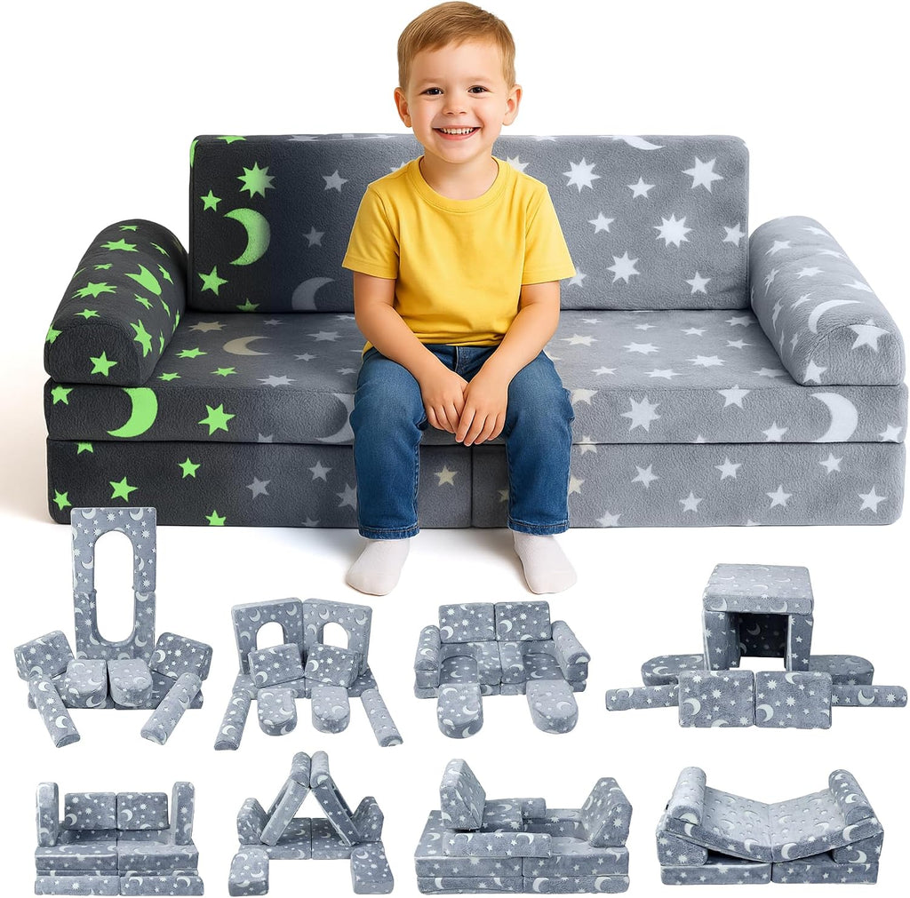 Seater Modular Kids Play Couch - 10pc Glow in the Dark Creative Kids Couch for Playroom, Living Room, and Bedroom