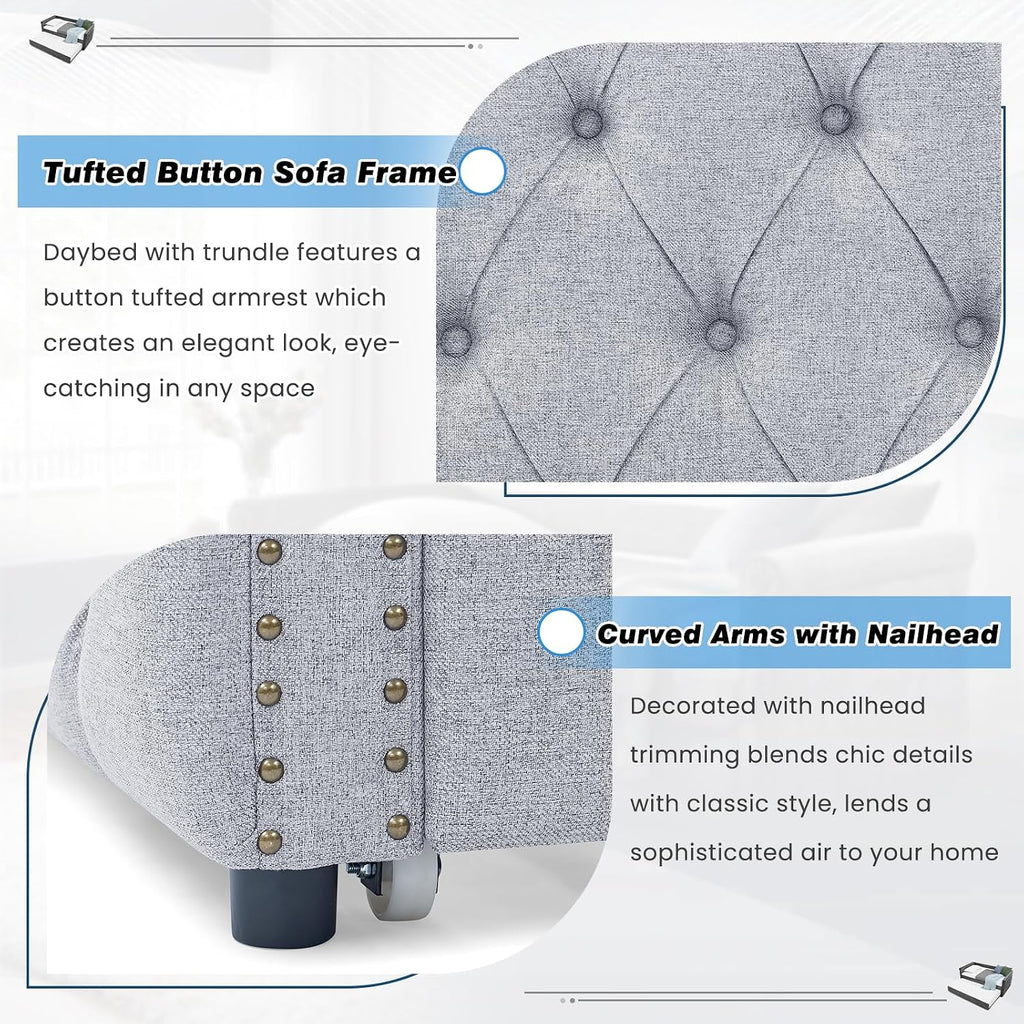 Daybed with Trundle, Modern Upholstered Full Size Day Bed Button-Tufted Sofa Daybed Frame with A Roll-Out Trundle, No