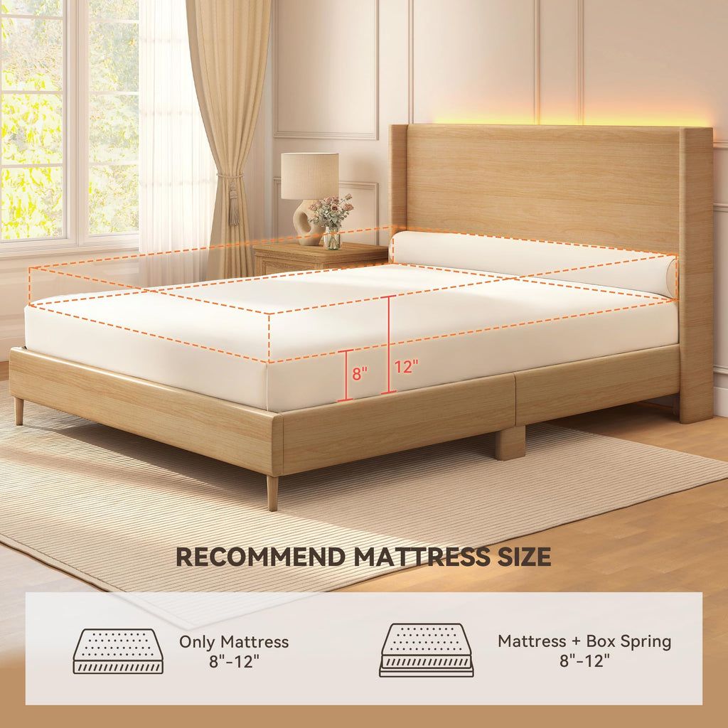 King LED Bed Frame, Faux Leather Natural Oak Grain Printed Finish