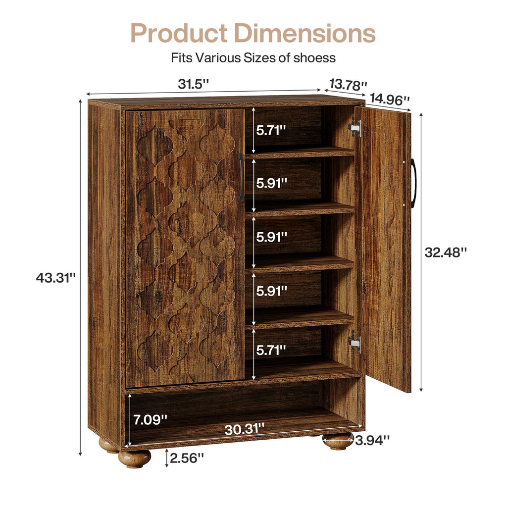 Shoe Cabinet, Farmhouse Tall Shoe Cabinet with Doors and Adjustable Shelves, Solid Wood Shoes Storage, Foyer