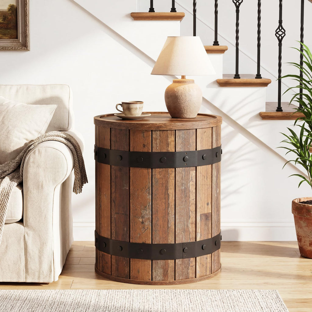 Barrel Side Table with Hidden Storage, 19.68" Farmhouse Round Rustic Wood End Table with Removable Lid, 24" Tall Sofa