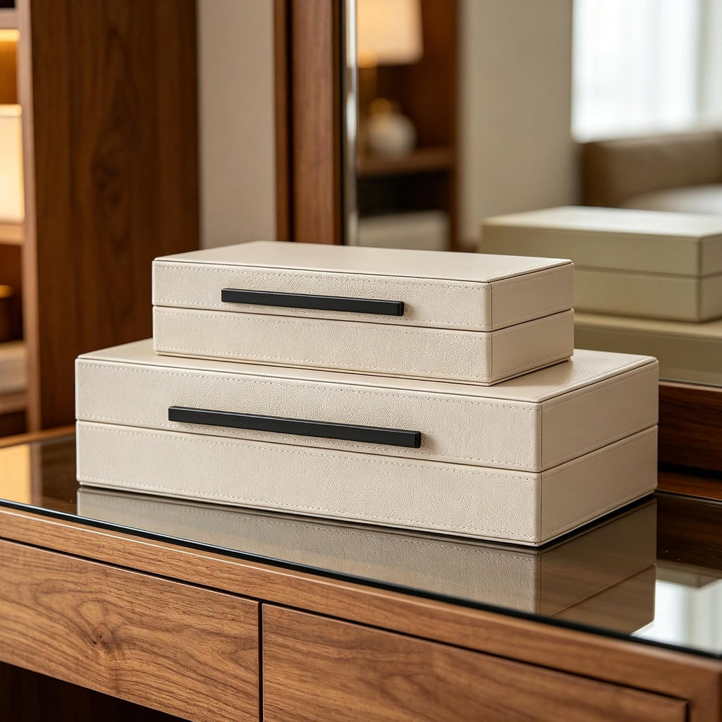 Shagreen Decorative Box, Modern Faux Leather Beige Decorative Storage Boxes with Lids and Metal Handles - Set of 2