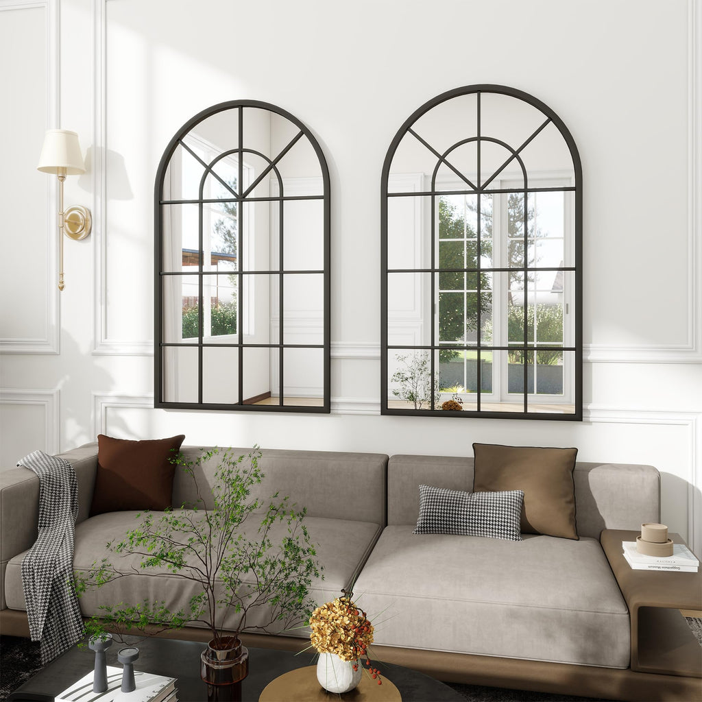 Arched Window Wall Mirror, 42"x24" Windowpane Mirror, Black