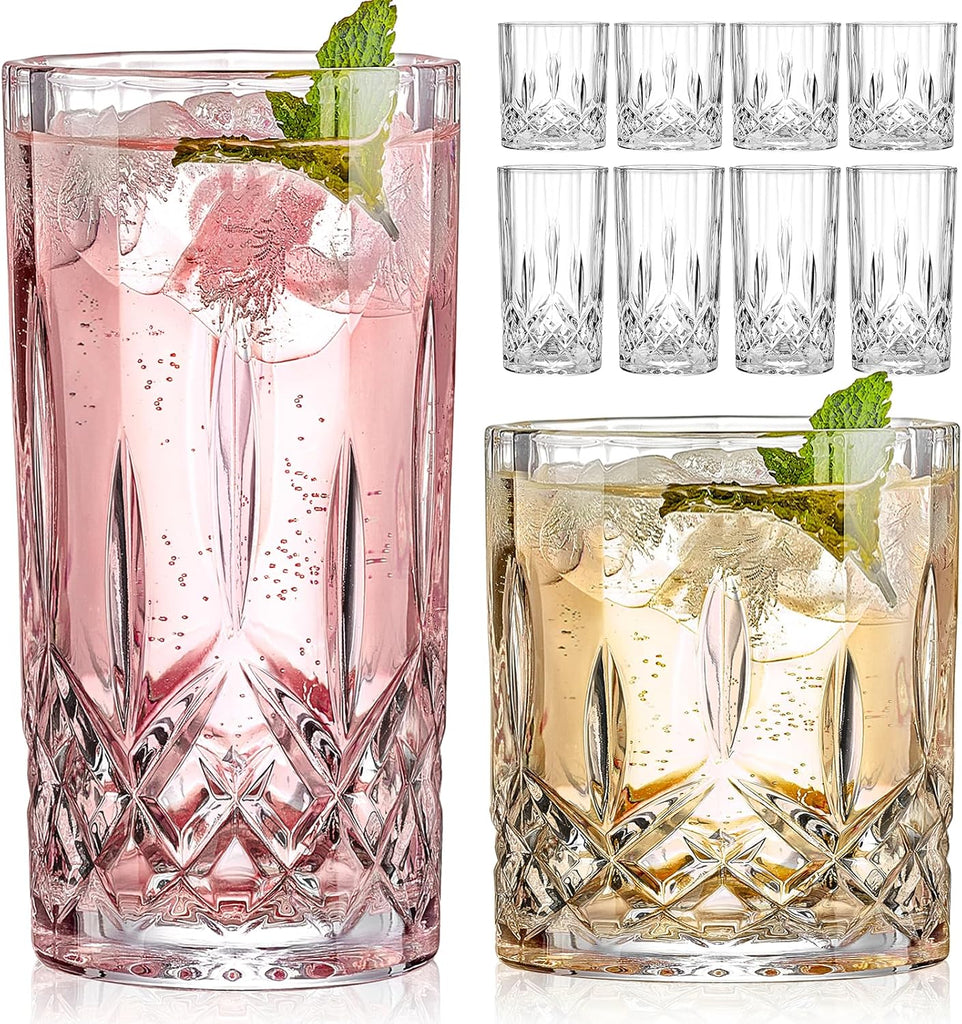 Drinking Glasses, 8 Piece Crystal Glass Cups, Mixed Glassware Set, 4 pcs Crystal Old Fashioned 11oz Highballs and 4