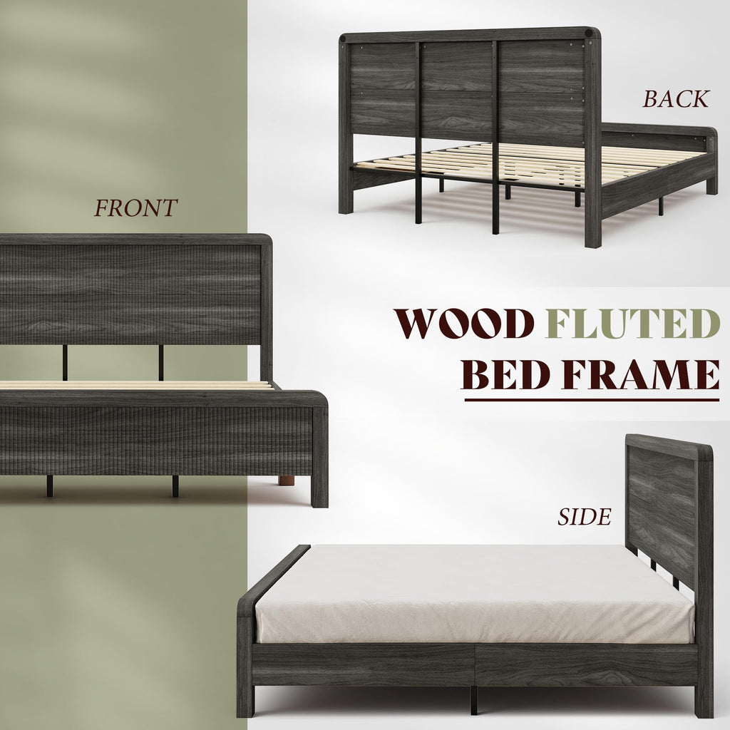 Wood King Size Bed Frame with Fluted Headboard & Footboard, Black