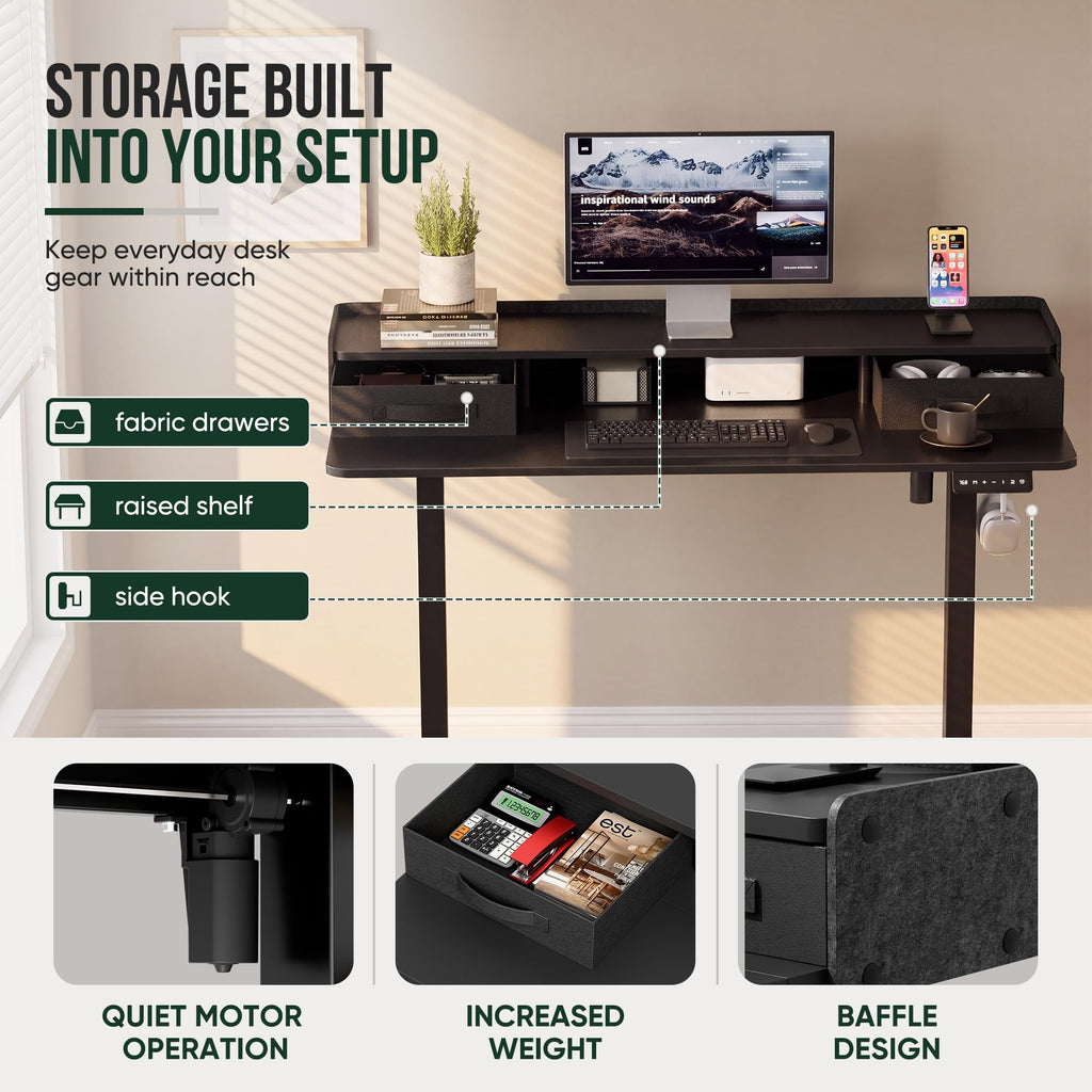 Electric Standing Desk with 2 Drawers, Adjustable Height Computer Desk with Monitor Shelf Sit Stand Table with Splice