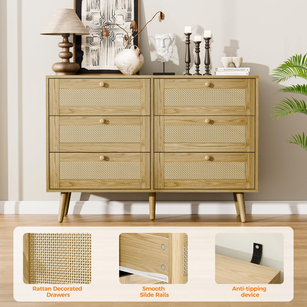 6 Drawer Dresser, Rattan Chest of Drawers, Oak