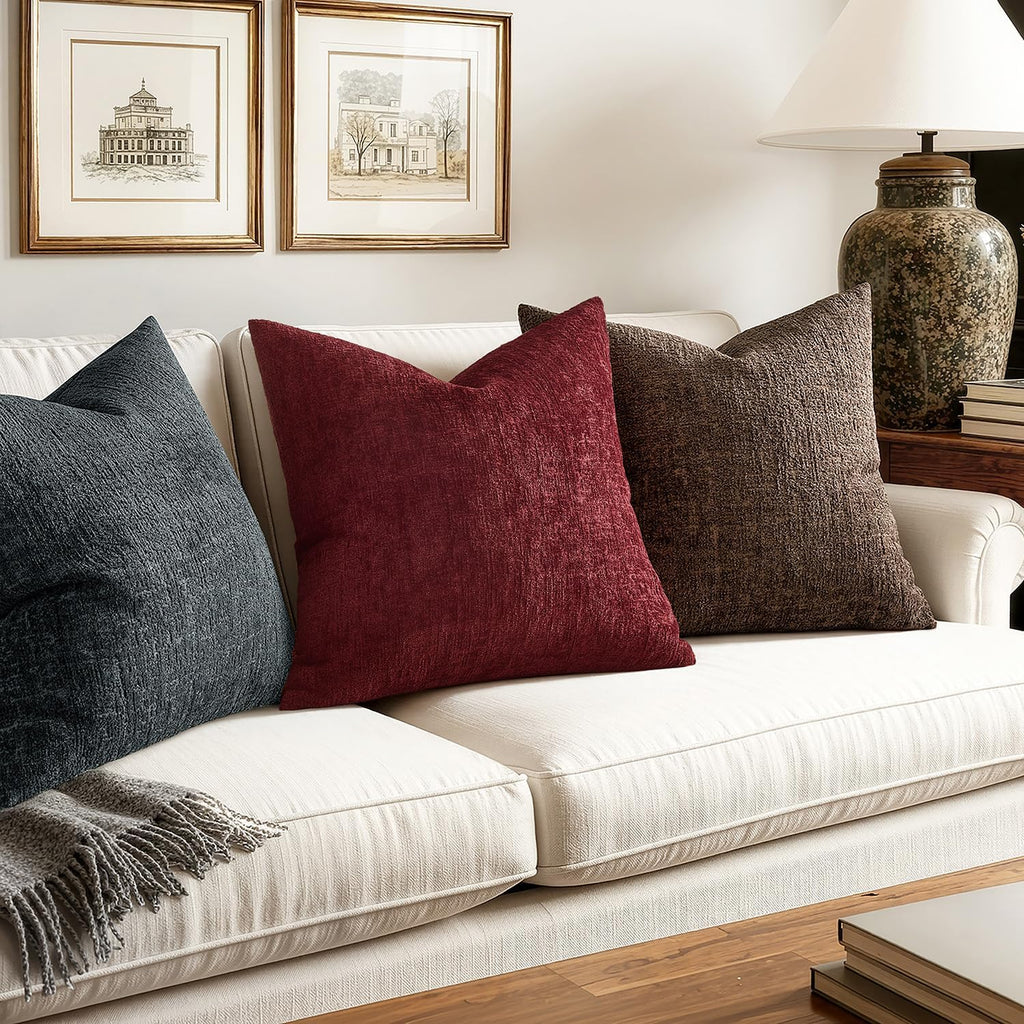 Christmas Couch Pillow Covers Textured Chenille 18x18 Burgundy - Set of 2