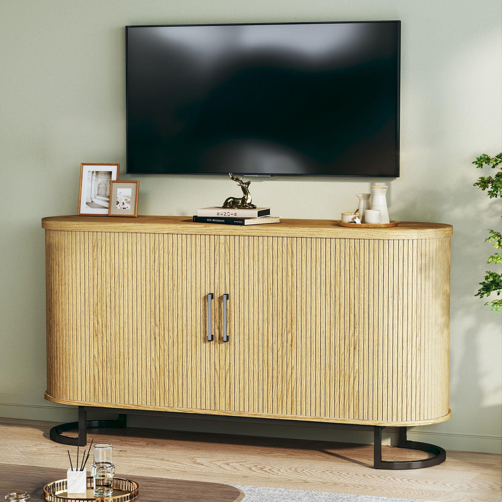 Sideboard Buffet Cabinet with Storage, 54.3" Fluted Tambour, Adjustable Shelves, Mid Century Modern Console Kitchen