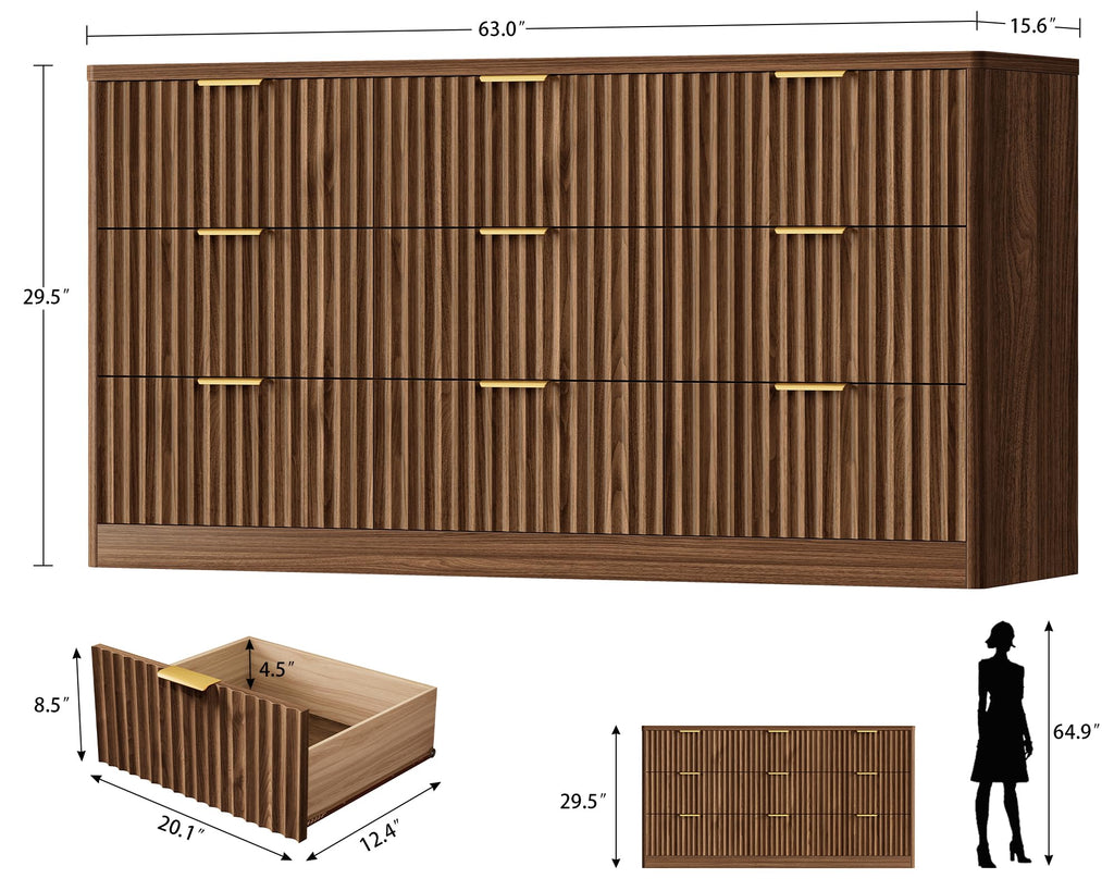 63" Dresser with 9 Drawers, Modern Dressers & Chest of Drawers with Metal Handles, Fluted Dresser, Wood Closet