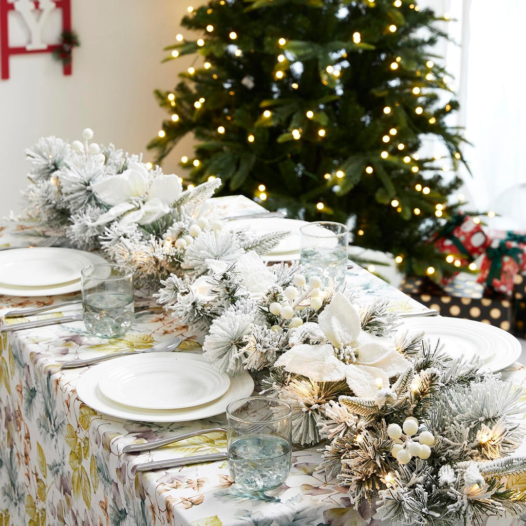 2PCS 9ft Christmas Garlands with Lights, Pre-Lit Snow Flocked Greenery Garlands Poinsettia Pine Garlands with 50 Warm
