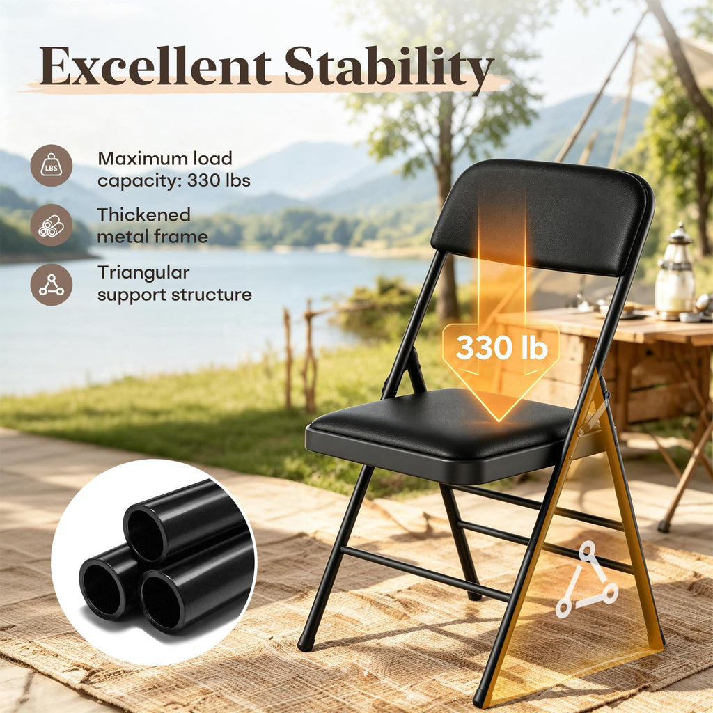 8 Pack Padded Folding Chairs, Capacity 350 LBS Foldable Chair, PU‐Black