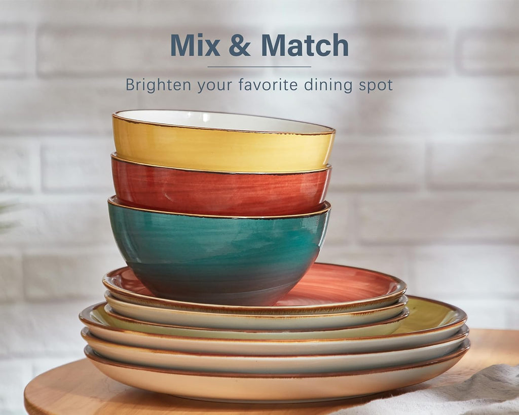 Plates and Bowls Set 12 Pcs,Stoneware Dinnerware Sets for 4 Microwavable,Oven & Dishwasher Safe Porcelain,Scratch