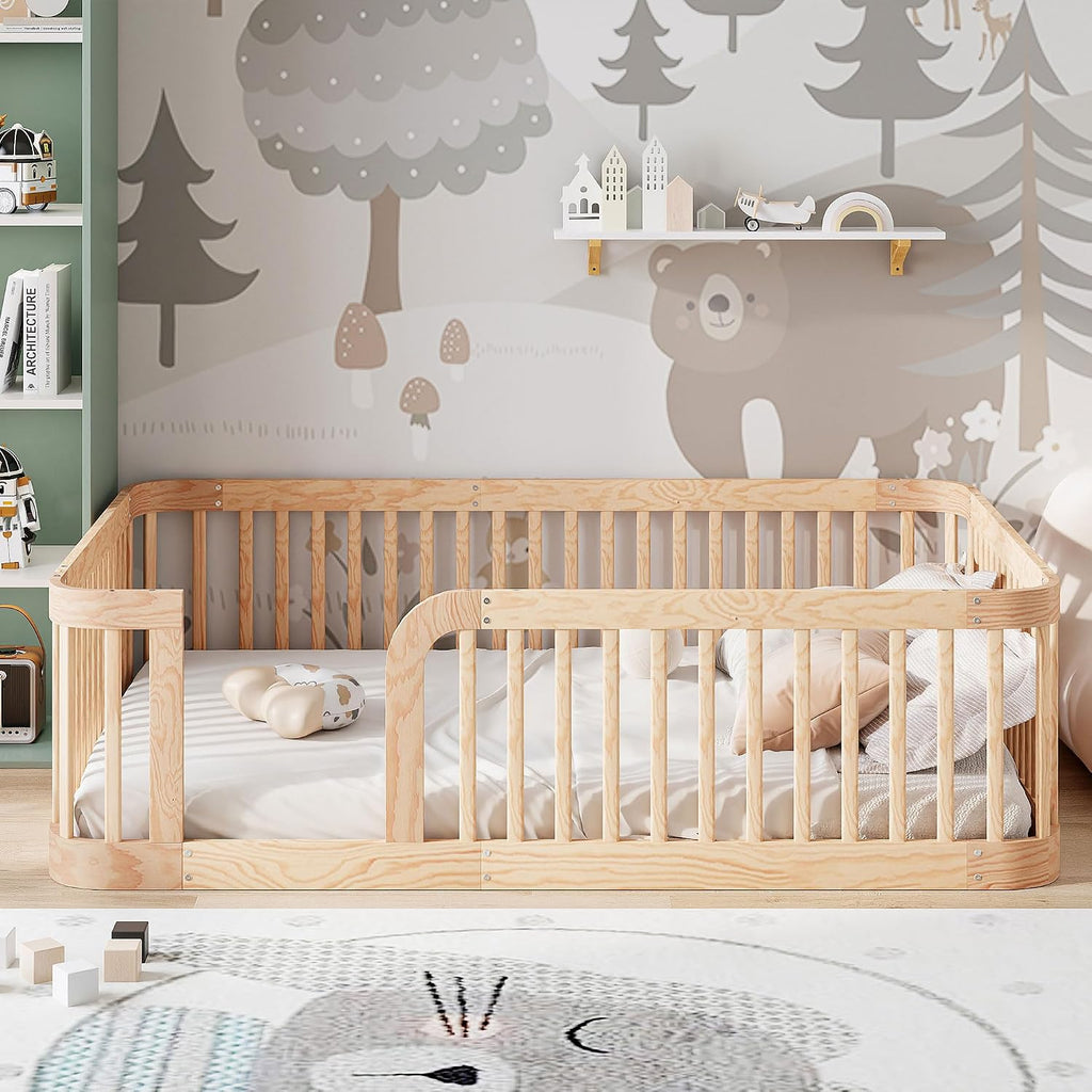Floor Bed with High Fence & Entrance, Natural Floor Bed for Kids
