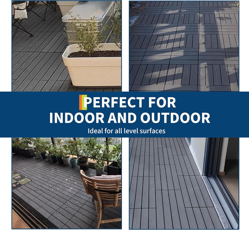 Waterproof Composite Interlocking Deck Tiles 12"X12", All-Weather Wood-Look Snap-Together Flooring for Patio, Balcony