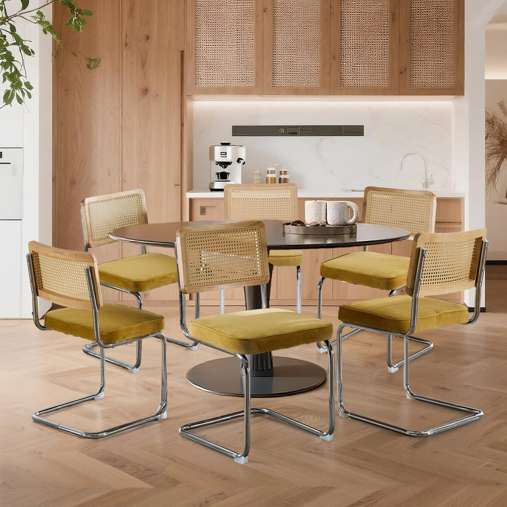 Velvet Dining Chairs Set of 6 Handwoven Rattan Back Upholstered Seat&Chrome Base Mid Century Kitchen Chair, Gold