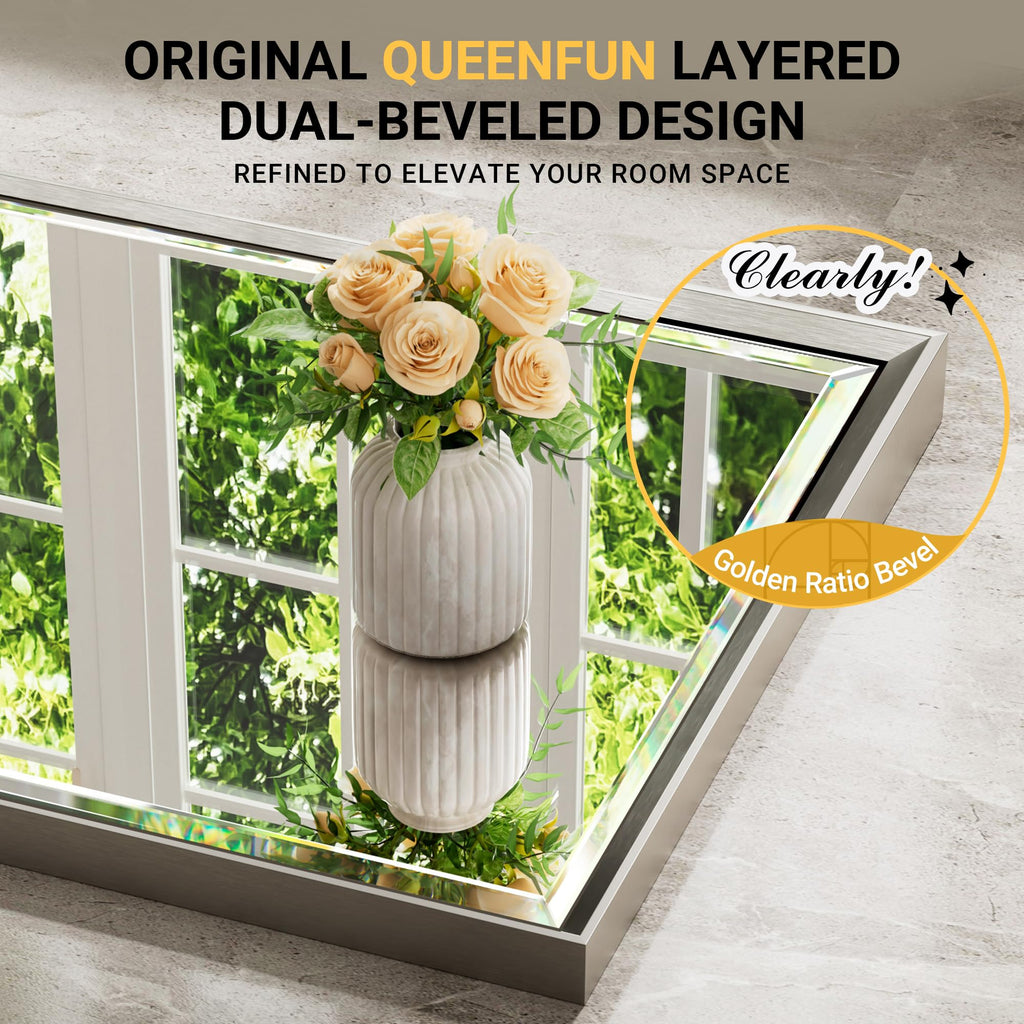 Brushed Nickel Bathroom Mirror, 24x32 Inch Beveled Framed Bathroom Mirror Anti-Rust, Brushed Nickel Metal Frame